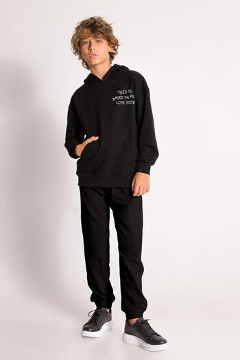 RAPAPA Boy's Black Hooded Printed Tracksuit Set Bottom Top 2 Piece 4036