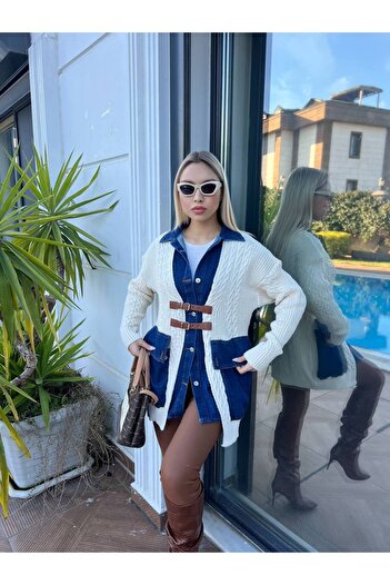 PREMİER VİE Knitwear Cardigan with Leather Buckle Front and Denim Shirt