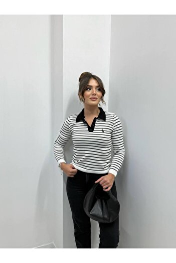 LE CARAMBOLE Women's White-Black Striped Polo Neck Half Button Knitwear Sweater