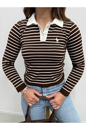 MODAMERSİ Women's Brown-White Striped Polo Neck Half Button Knitwear Sweater
