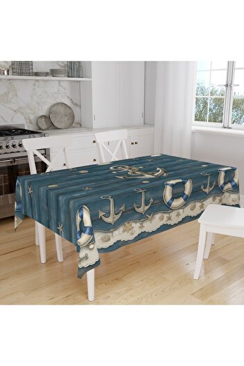 Else Dekor Marine Sailor Motifs Patterned Digital Print Suede Fabric Kitchen Tablecloth