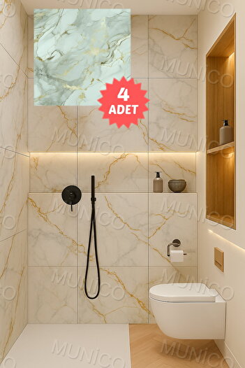 Munico 4 Adet Su Geçirmez Su Yeşili Duvar Stickerı Duvar Dekor Duvar Kağıdı Banyo Mermer 30x30 Yapışanlı