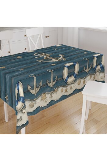 Else Dekor Marine Sailor Motifs Patterned Digital Print Suede Fabric Kitchen Tablecloth