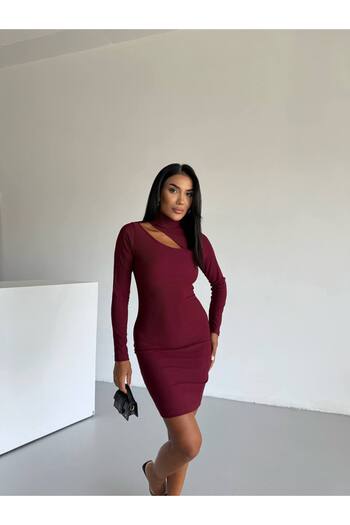 Cuyka Long Sleeve Slit Low-Cut High-Neck Ottoman Fabric Dress