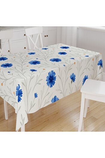 Else Dekor Blue Wildflowers Patterned Digital Printing Suede Fabric Kitchen Tablecloth