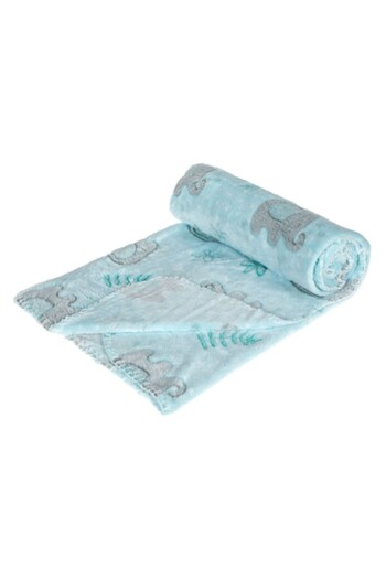 SHOPIENS Patura pentru bebelusi catifelata Shopiens®, albastru ciel cu model elefanti, 110 x 80 cm