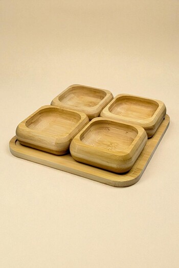 Kitchen Way Bamboo Square Snack Bowl Set with 4 Trays Kw-450