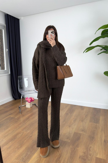 My Blog Brown Scarf Sweater Pants Knit Set - 241060