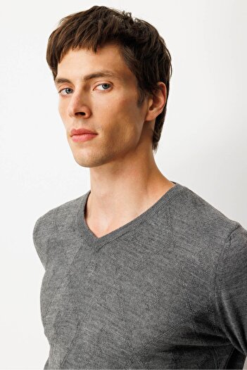 Desen Triko Men's V-Neck Striped Argyle Wool Sweater Smoked