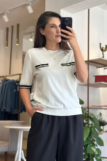 Unique Boutique White Crew Neck White Stripe Premium Knitwear