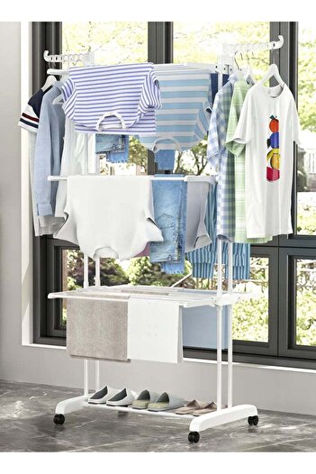 Taimi Foldable 4 Tier Clothes Drying Rack for Laundry Rolling White