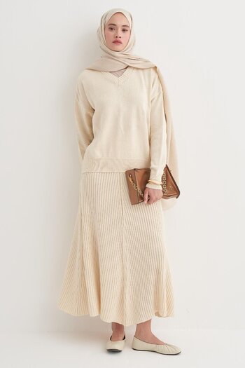 carell Ribbed Knitwear Skirt Set Cream