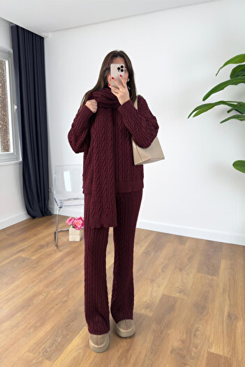 My Blog Burgundy Scarf Sweater Pants Knit Set - 241060