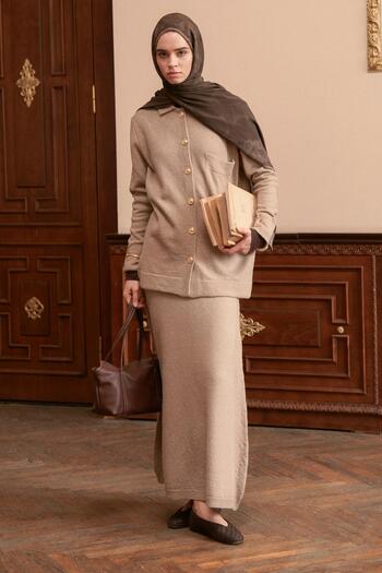 carell Plain Knitwear Skirt Suit Mink