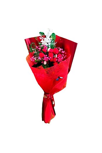 velve Rosalia floral bouquet, frozen mini roses, broom, lagurus, Red