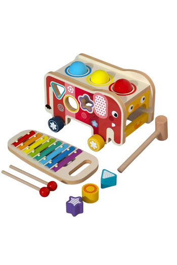 Ludinoo Educational 5-in-1 Wooden Toy - Musical Elephant with Xylophone, Hammer, and Shape Sorter