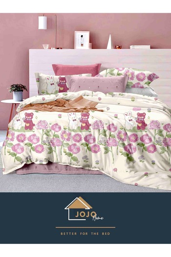 JOJO HOME Bed linen, 4 pieces, 1 person, 155x230cm, fine cotton, Pink Flowers with Teddy Bears