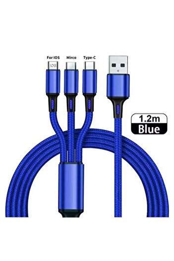 Choice 1.2m Blue 3 In 1 USB Fast Charging Cable Type C Micro IOS Multi Charger Cable for iPhone Huawei Sams