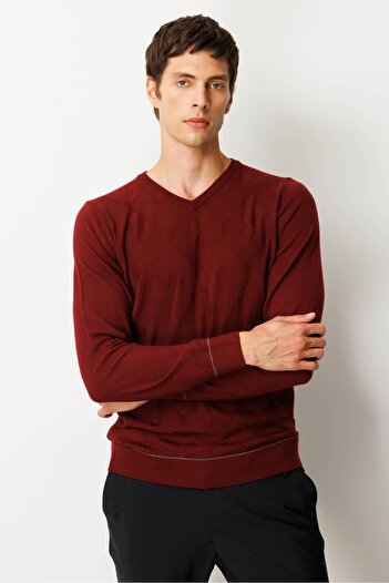 Desen Triko Men's V-Neck Striped Argyle Wool Sweater Burgundy