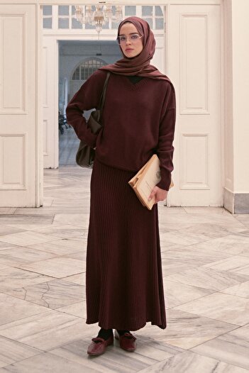 carell Ribbed Knitwear Skirt Set Plum
