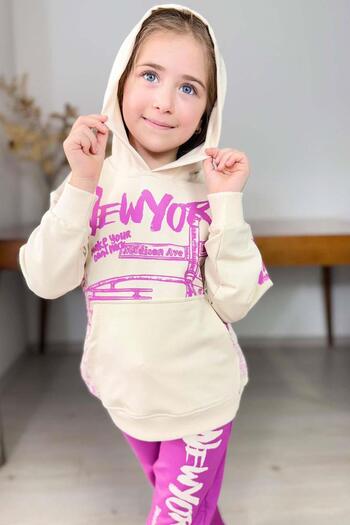 Riccotarz Girl's Purple Tracksuit Set with New York Text Detail on the Sleeves and Cuffs Sweatshirt
