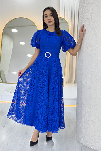 zks grup tekstil Women's Balloon Sleeve Maxi Length Belted Lace Dress Black, Saks, Powder, Purple, Navy Blue, Red, Rose K., Fuchsia