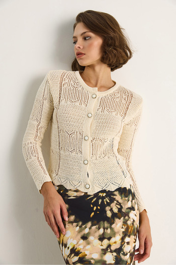 Bianco Lucci Women's Perforated Embroidered Knitwear Cardigan 20251045