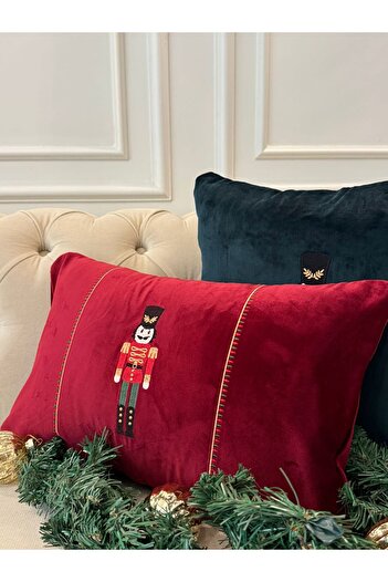 busrasdesign Lux Velvet Lead Soldier Embroidered Christmas Throw Pillow Cover Red 31X50