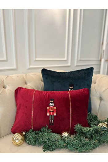 busrasdesign Lux Velvet Lead Soldier Embroidered Christmas Throw Pillow Cover Red 31X50