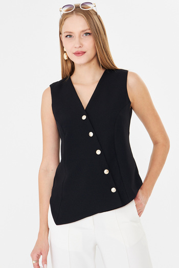 armonika Women's Black V-Neck Asymmetrical Closure Lined Vest Arm-26K001004