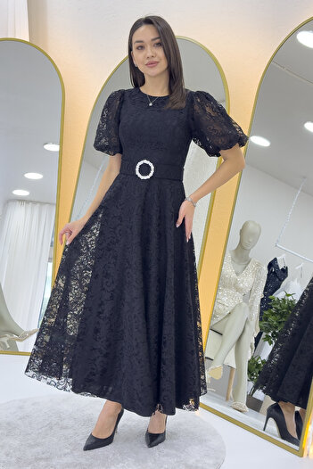 zks grup tekstil Women's Balloon Sleeve Maxi Length Belted Lace Dress Black, Saks, Powder, Purple, Navy Blue, Red, Rose K., Fuchsia