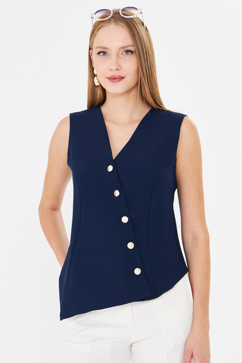 armonika Women's Navy Blue V-Neck Asymmetrical Closure Lined Vest Arm-26K001004