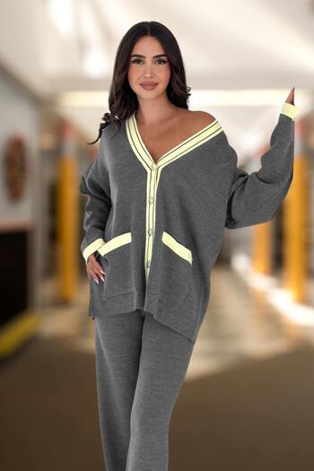 WOMAN VISION Women's Knitwear Double Set - Cardigan with 2 Front Metal Buttons and Wide Leg Pants Set Lap-002
