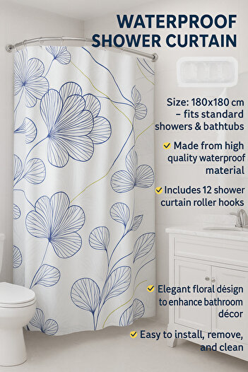 TSUMAB Waterproof Shower Curtain with 12 Hooks – 180×180 cm