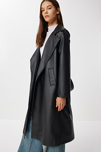 Lovelyİstanbul Belted Faux Leather Trench Coat Lgp0027 Black
