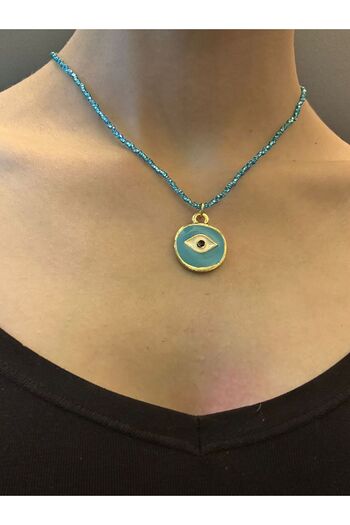 Gönülden Tasarım Steel Turquoise Eye-Ended Beaded Women's Necklace 21 cm