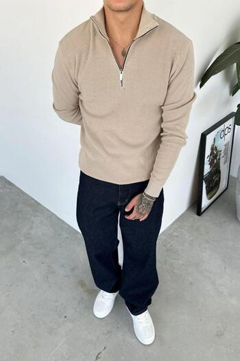 HAFKAGİYİM Stone Basic Ribbed Half-Zip Relaxed Sweater