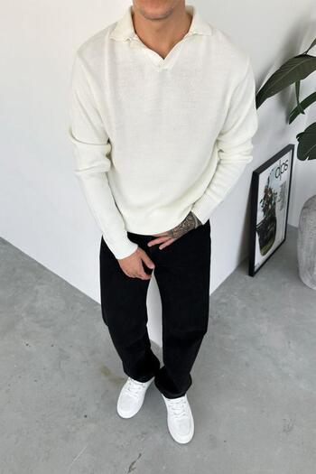 HAFKAGİYİM Ecru Half Placket Relaxed Knitwear Polo Collar