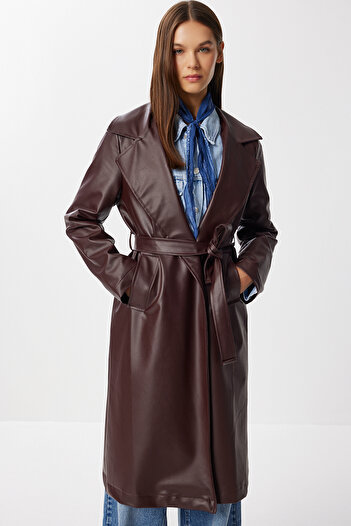 Lovelyİstanbul Belted Faux Leather Trench Coat Lgp0027 Bordo