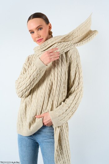 My Blog Light Beige Hair Braided Shawl Knit Sweater - 231223