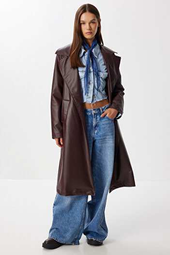 Lovelyİstanbul Belted Faux Leather Trench Coat Lgp0027 Bordo