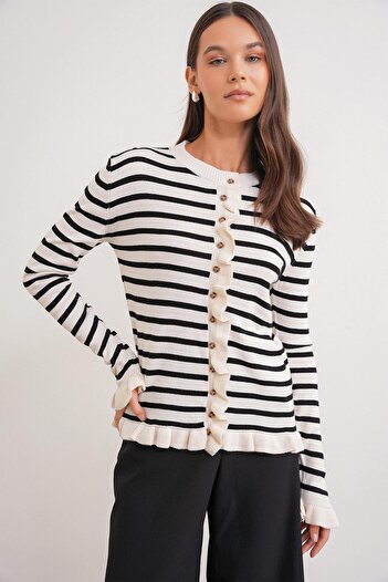 Mixray 6965 Women's Ruffle Detailed Striped Knitwear Cardigan Natural