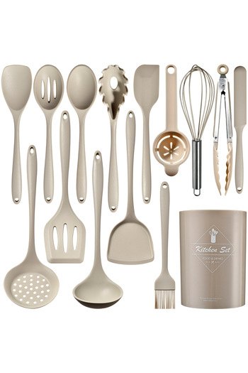 Onuvio Set of 15 Premium Food Grade Silicone Kitchen Utensils, 920g, with Holder - Kakhi