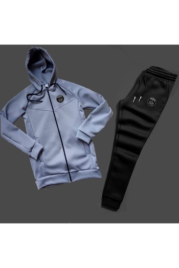 NOFLEN Gray Scuba Paris Printed Jacket Bottom Black Tracksuit Set