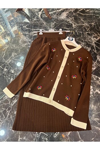 MY QILAM Women's Hijab Top and Bottom Set Butterfly Embroidered Cardigan with Skirt Knitwear Set Brown