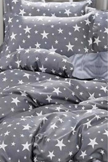 MORE HOME Single Fitted Sheet Duvet Cover Set Gray White Starry