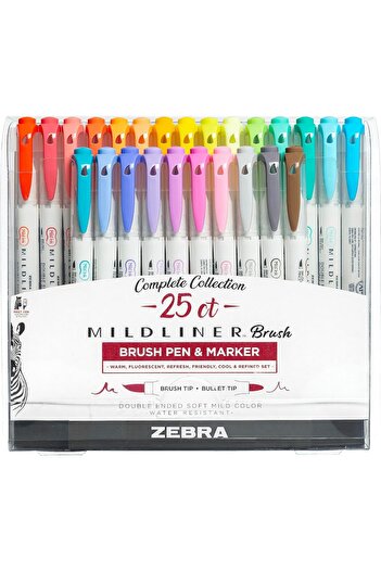 Zebra Pen Mildliner Double Ended Brush Pen, Brush and Point Tips, Assorted Ink Colors, 25-Pack, Mult