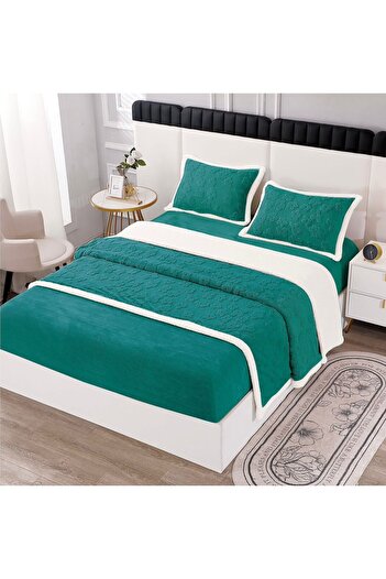 Lenjeria Pufoasa Cocolino 4-Piece Double Bed Linen, with Elastic, Knitted Fur, Dark Green