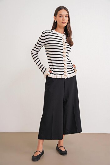 Mixray 6965 Women's Ruffle Detailed Striped Knitwear Cardigan Natural