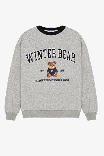 Quzu Teddy Bear Patterned Sweatshirt Gray